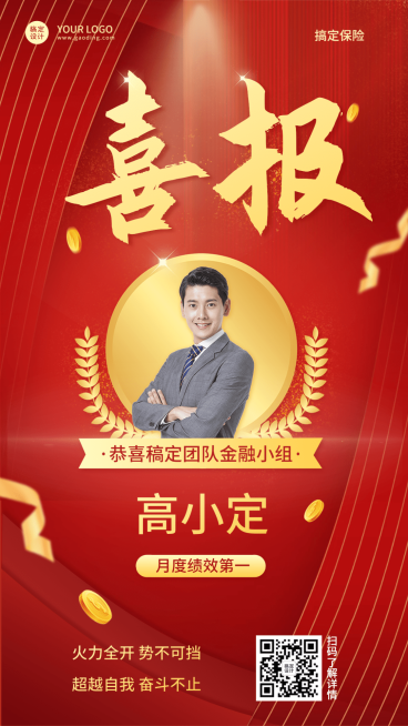 金融保险销售业绩表彰喜报贺报喜庆风人物海报预览效果