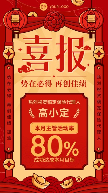 金融保险代理人增员业绩表彰喜报中国风手机海报