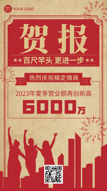微商销售业绩表彰喜报复古风手机海报预览效果