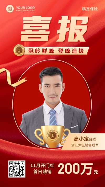 金融保险开门红销售业绩表彰喜报人物喜庆手机海报