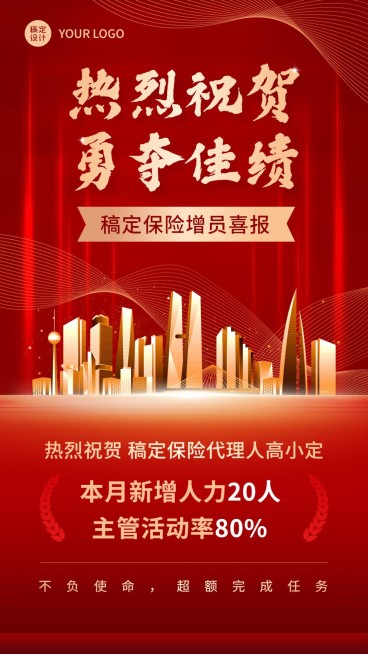 金融保险增员业绩表彰喜报喜庆风手机海报预览效果