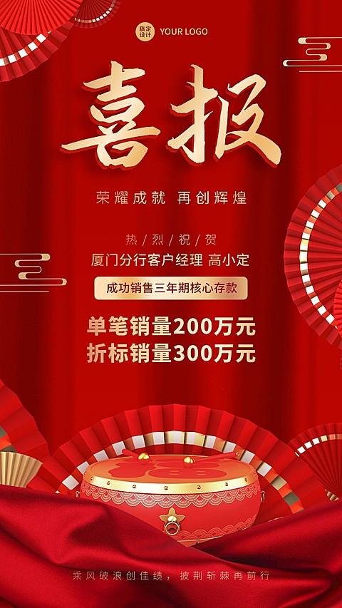 金融银行业绩表彰喜报贺报喜庆中国风手机海报