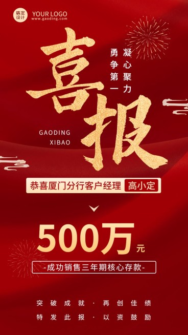 金融银行开门红业绩表彰战报喜报喜庆手机海报预览效果
