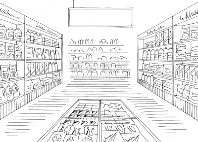 草图,绘画插图,食品杂货,白色,黑色,矢量,商店,商业内部,插画