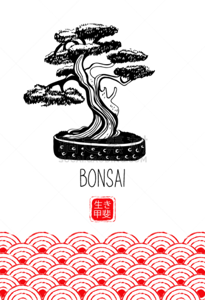 小的,盆景,绘画插图,日本,矢量,动物手,传统,菜园,背景分离,花盆