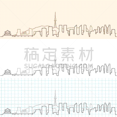 城市天际线,青岛海滩,亚洲,铅笔,山东省,矢量,侧面像,绘制,剪影