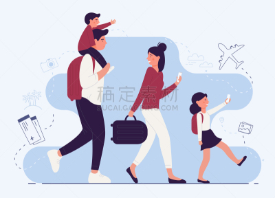 家庭,矢量,机场,绘画插图,人,女儿,旅途,机票,欢呼