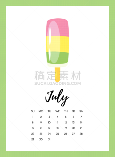 七月,2018,日历,书页,分离着色,可爱的,白昼,春节,食品