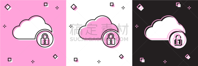 分离着色,粉色,计算机图标,云计算,商务,安全,计算机,布置,锁,沟通