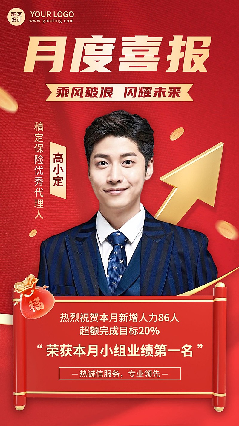 金融保险增员销售业绩表彰喜报人物手机海报