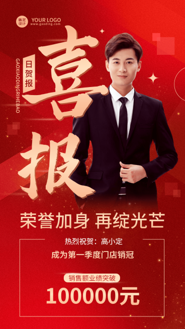 微商门店销售业绩表彰喜报人物手机海报预览效果
