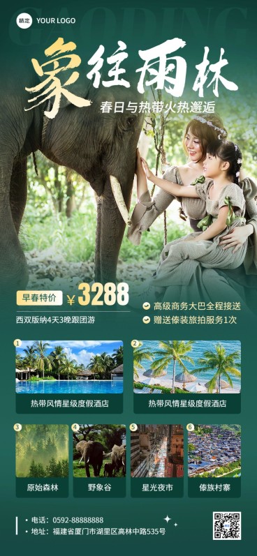 西双版纳旅游出行线路营销全屏竖版海报预览效果