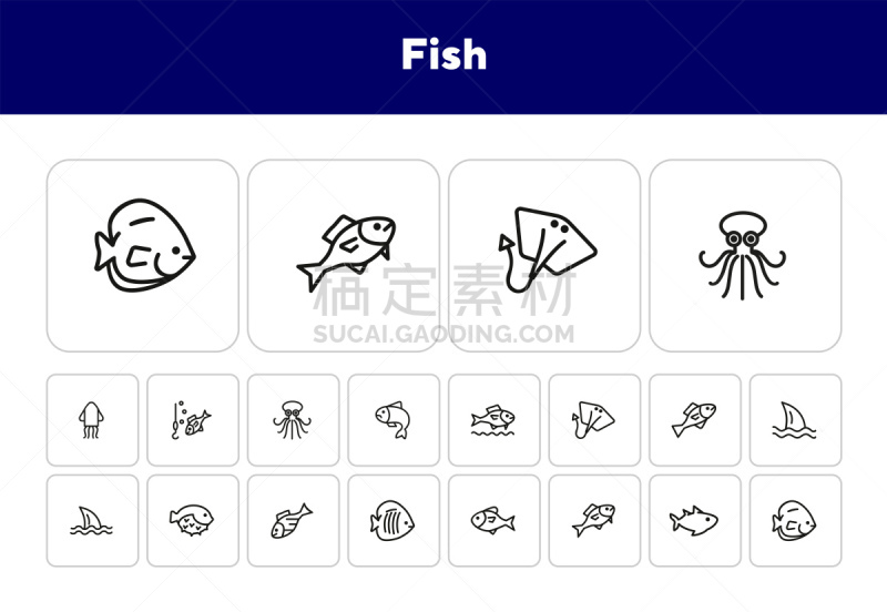 图标集,线条,鱼类,渔业,一个物体,简单,鲽,模板,细的,魟鱼