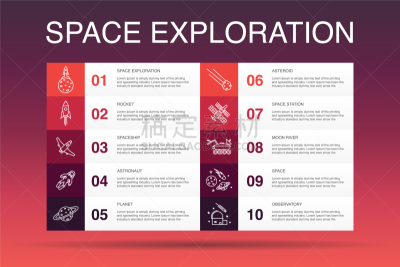 信息图表,模板,空间探索,选择键,数字10,创造力,空间站,太空船,红色,概念