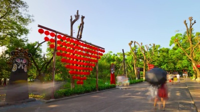 中国晴天珠海著名新元明装饰路公园全景 延时