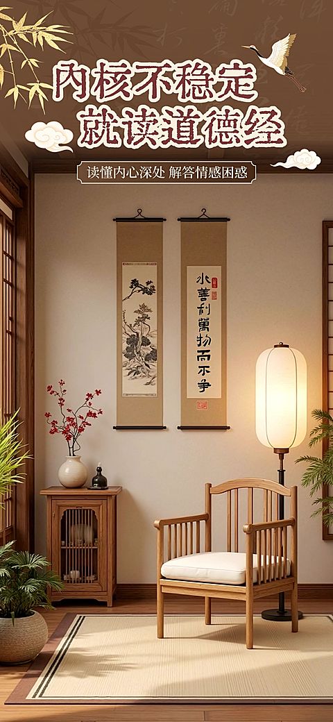中式国风教育课程室内书房直播间背景AIGC
