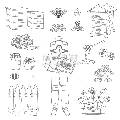 Beekeeper,蜂蜜,分离着色,蜂蜜汲取器,轮廓,制服,男人,图像,布置,收集