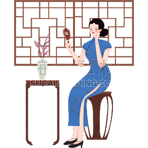 中国风人物插画素材-旗袍女人化妆