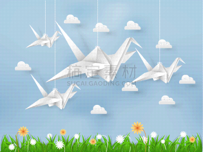 折纸工艺,云,草,鸟类,天空,绘画插图,纸,白色,自然,蓝色