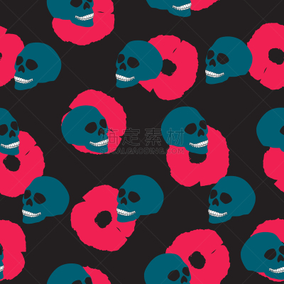 矢量,粉色,四方连续纹样,人头骨,蓝色,黑色背景,数字10,绘画插图,青少年,纺织品