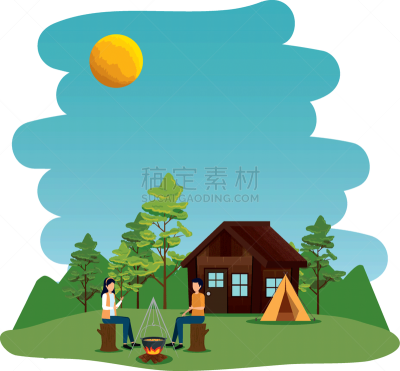 时区,青年伴侣,野生动物,公园,女人,圆木,杉树,营火,露营,烹调