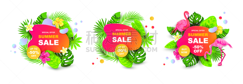 Summer sale banner with tropical leaves, flower, flamingo