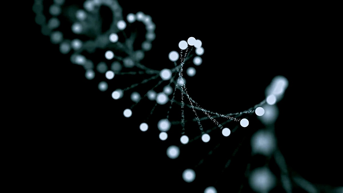 旋转DNA发光分子的3D渲染动画。遗传学概念。