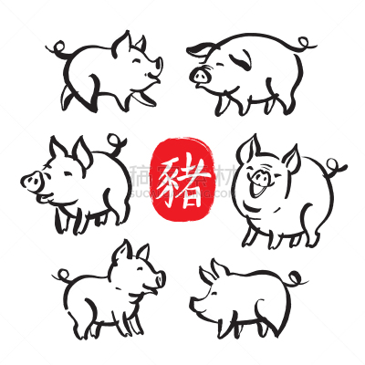 符号,猪,动物手,春节,亚洲,传统,2019,绘制,布置