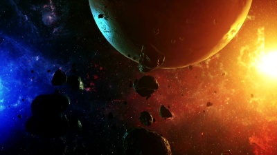 在五颜六色的太空中美丽的飞行，有声音的小行星和行星