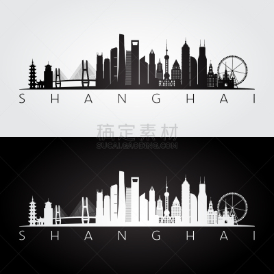 上海,城市天际线,著名景点,地形,轮廓,白色,黑色,自然美,名声,剪影