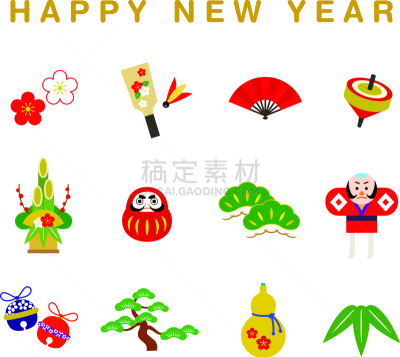 新年前夕,绘画插图,可爱的,传统,华丽的,一月,葫芦,梅子,东亚,松树