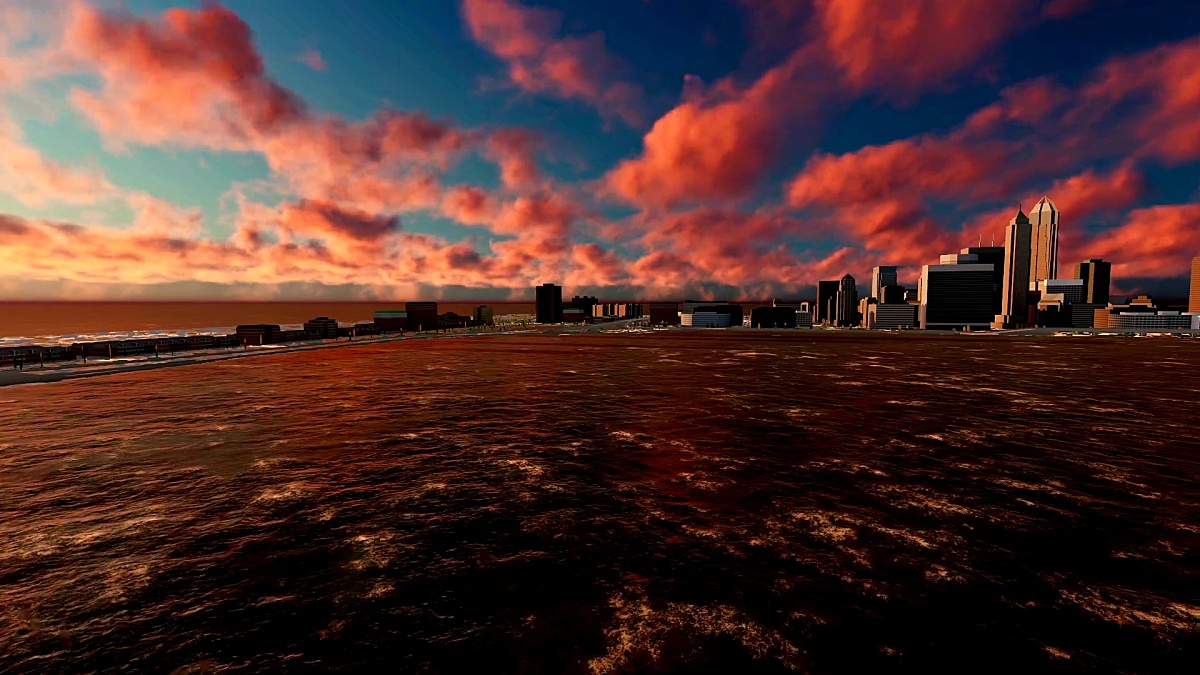 日落3D动画中平移天际线城市景观