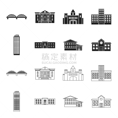 摩天大楼,酒店,警官,学校,分离着色,轮廓,图像,布置,收集