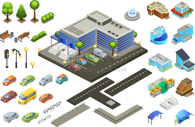 超级市场,天气,建筑,图像,矢量,路,喷泉,商店,布置,树