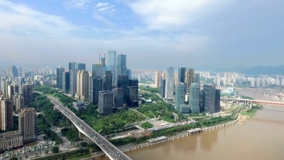 蓝云天空中近河现代城市鸟瞰