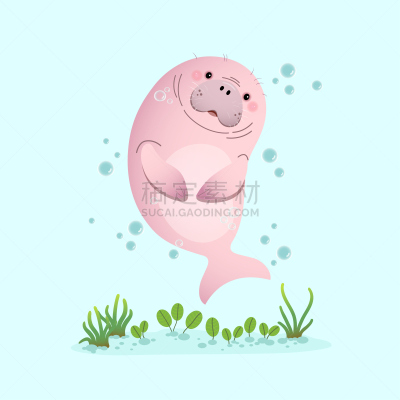 卡通,水下,可爱的,儒艮,矢量,绘画插图,海草,纸牌,字母,纺织品
