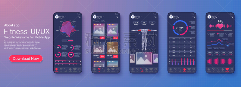 different ui ux gui screens fitness app and flat