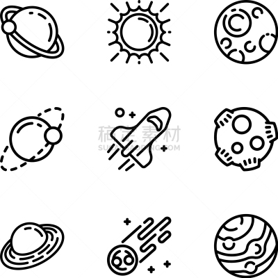 行星,轮廓,太空,图标集,可爱的,数字9,球体,迅速,陨石,天空