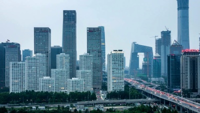 建外SOHO的延时摄影，CBD天际线从白天到晚上在中国北京