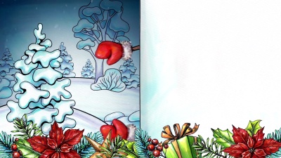 水彩动画雪人，节日快乐贺卡，冬季景观，节日花环和装饰品，手写文本