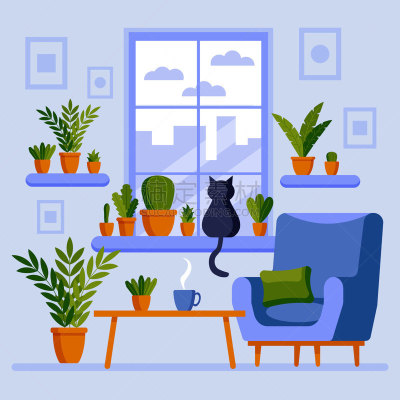 绘画插图,住宅内部,窗台,窗户,猫,舒服,矢量,拉凡他那石拱,公寓,扁平化设计