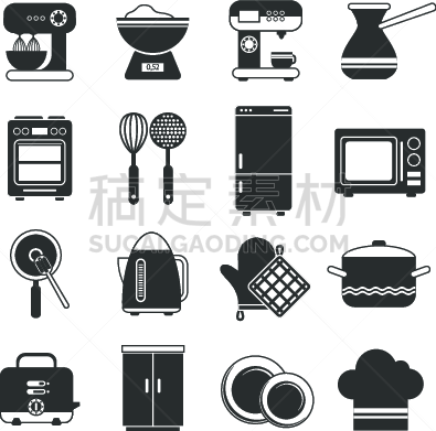厨房,图标集,黑白图片,传媒,葡萄酒,咖啡杯,背景分离,杯,冰箱,技术