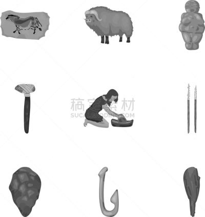 巨大的,石器时代,分离着色,斧,真猛玛象,辛勤工作,品牌名称,矢量,营火,收集