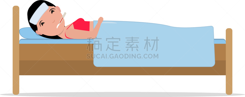 女人,床,卡通,成年的,女孩,白色,身体不适,生病,躺