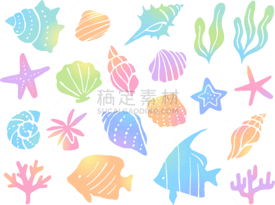 海洋生命,绘画插图,多色的,山,荧光色,背景分离,珊瑚色,热带气候,柔和色,贝壳