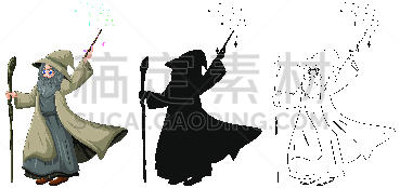 男巫,魔杖,彩色图片,分离着色,动画片,轮廓,白色背景,药剂,暗色,飘然