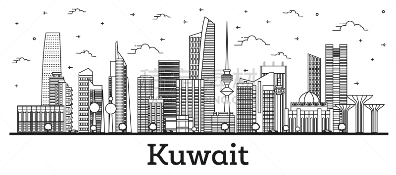 现代,科威特市,城市天际线,白色,轮廓,建筑外部,分离着色,商务,波斯湾,细的