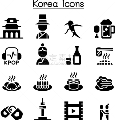 韩国,图标集,戏剧表演,分离着色,韩国泡菜,食品,烤肉架,炊具,品牌名称,爱