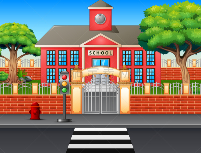 学校,人行横道,前面,交通,照明设备,草坪,斑马,沥青,小学,公园