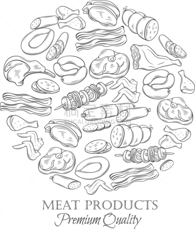 肉,动物手,单色调,分离着色,热狗,自然,意大利腊肠,香肠,绘制,收集